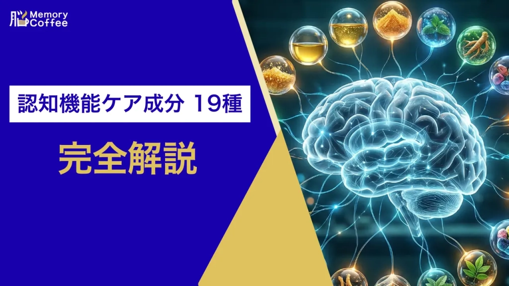 認知機能の維持をサポートする19種類の機能性関与成分の一覧イラスト。悩み別の成分選びを解説。