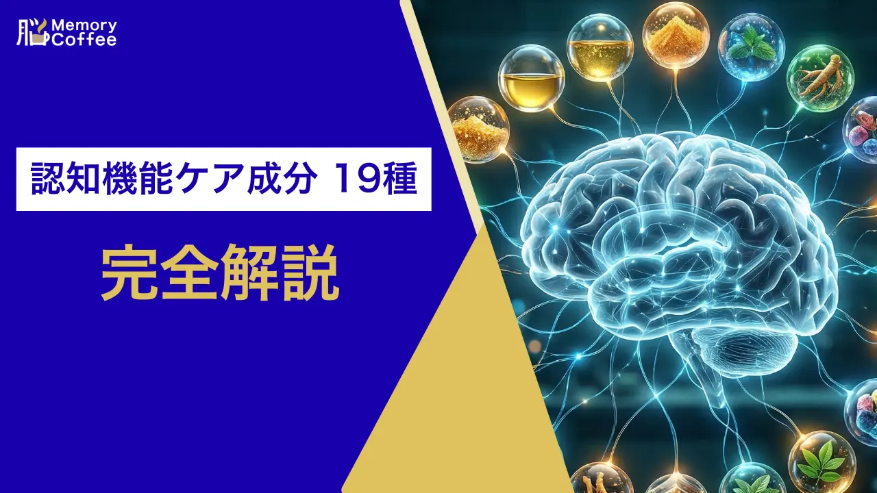 認知機能の維持をサポートする19種類の機能性関与成分の一覧イラスト。悩み別の成分選びを解説。