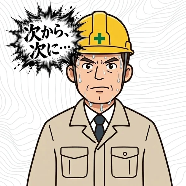 問題が多発しマルチタスクに追われ内心焦る施工管理士の画像。
