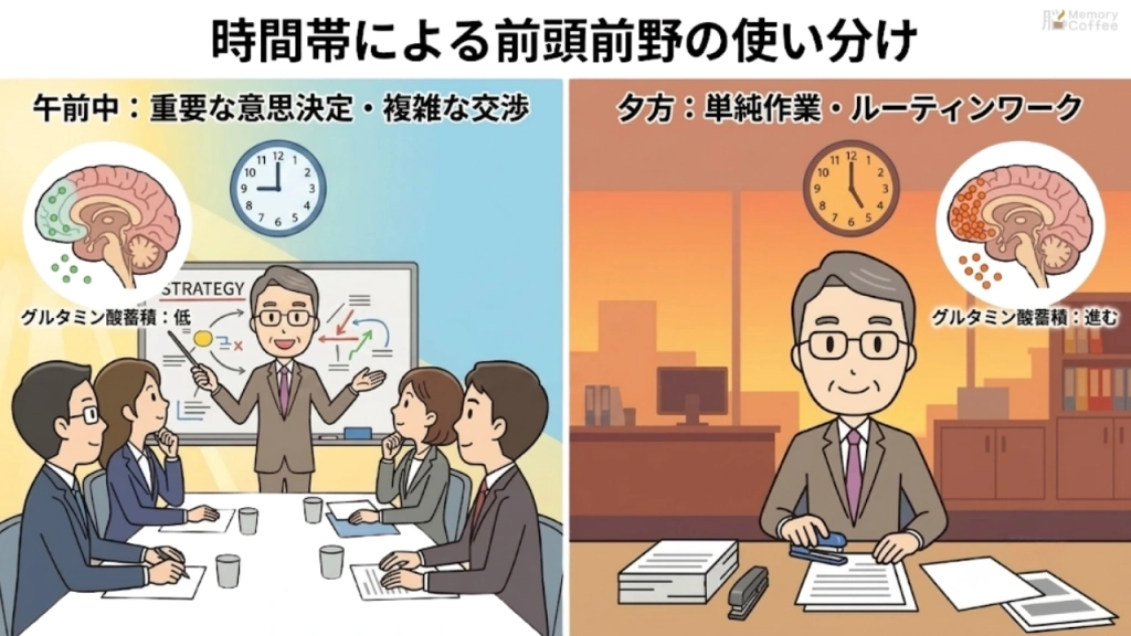 「時間帯による前頭前野の使い分け」を解説するインフォグラフィック。画面は左右に分割されている。