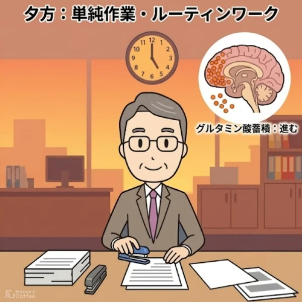 「時間帯による前頭前野の使い分け」を解説するインフォグラフィック。画面は左右に分割されている。(午後)