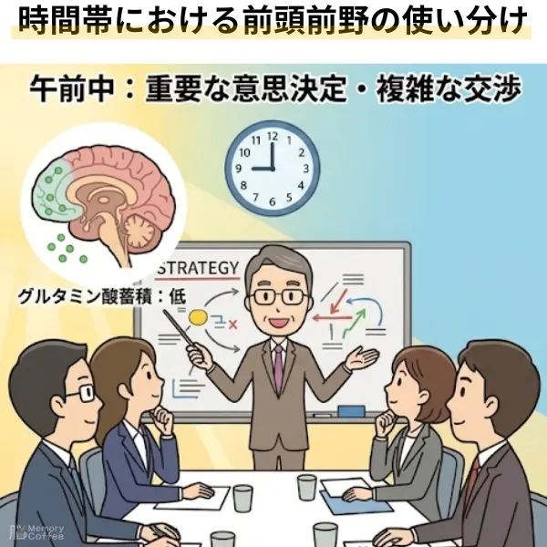 「時間帯による前頭前野の使い分け」を解説するインフォグラフィック。画面は左右に分割されている。(午前中)