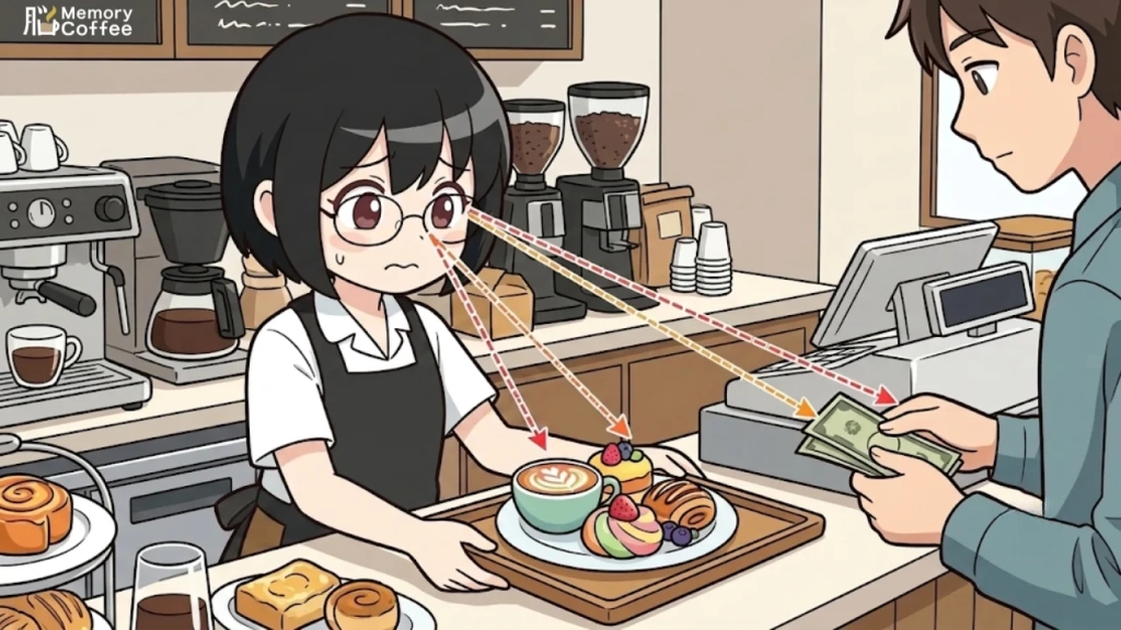 接客業の方がもの忘れに悩む例を漫画として紹介した画像（カフェ）。
