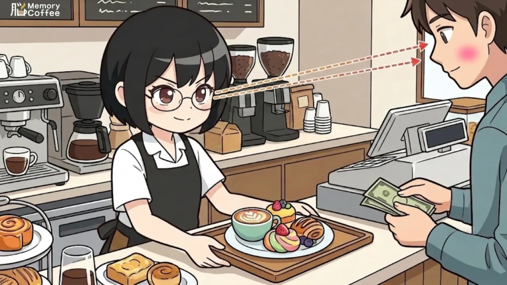 接客業の方がもの忘れに悩む例を漫画として紹介した画像（カフェ）。もの忘れを克服しようと頑張る女性。