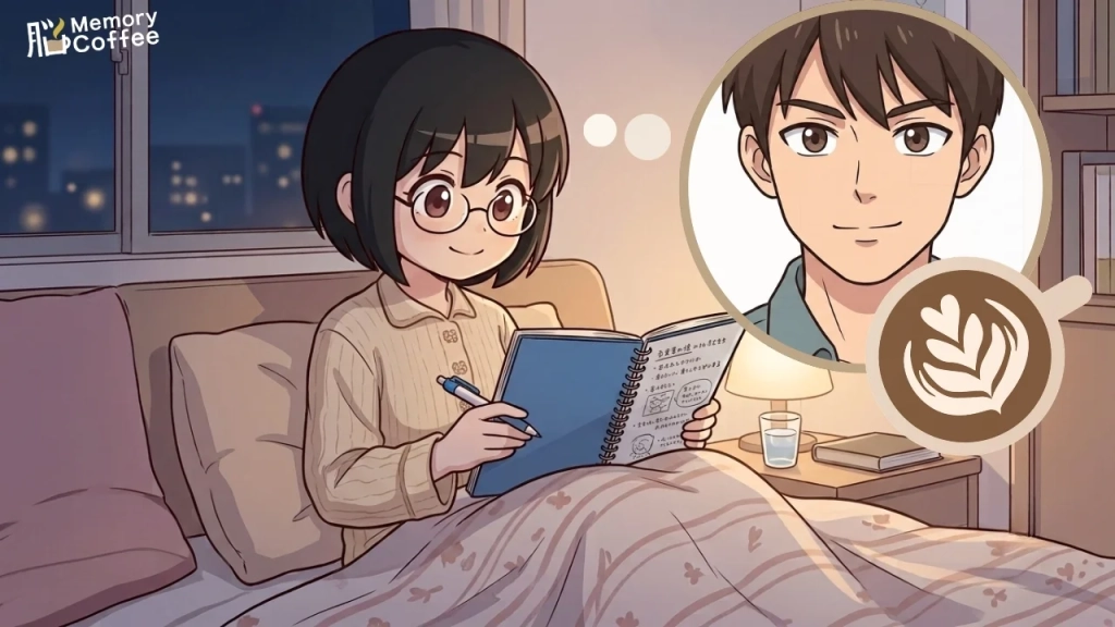 接客業の方がもの忘れに悩む例を漫画として紹介した画像（カフェ）。もの忘れを克服しようと頑張る女性３。