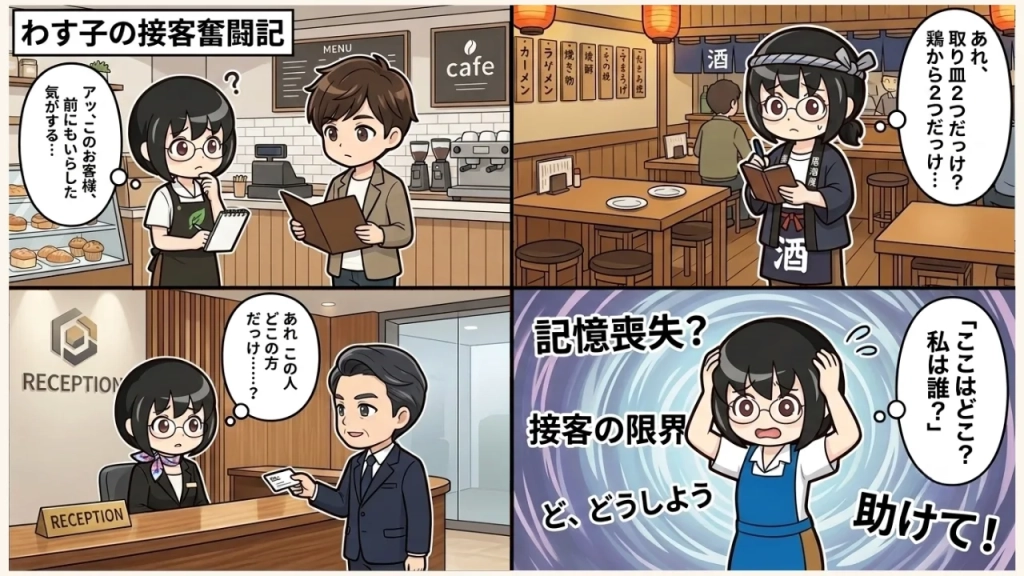 接客業の方がもの忘れに悩む例を漫画として紹介した画像。
