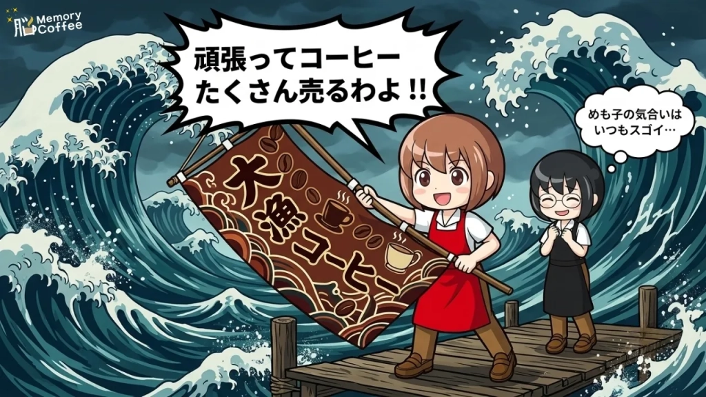 接客業の方がもの忘れに悩む例を漫画として紹介した画像（カフェ）。もの忘れを克服しようと頑張る女性２人。