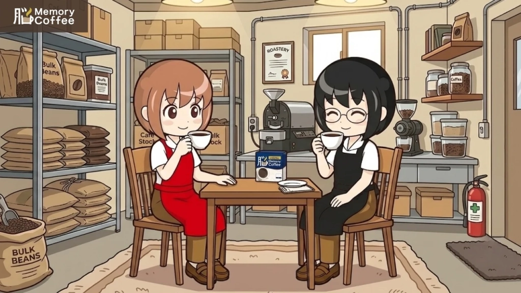 接客業の方がもの忘れに悩む例を漫画として紹介した画像（カフェ）。もの忘れを克服しようと頑張る女性２人２。