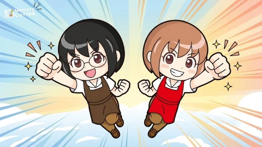 接客業の方がもの忘れに悩む例を漫画として紹介した画像（カフェ）。もの忘れを克服しようと頑張る女性２人（３）。