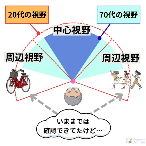 年齢とともに狭まる視野の広さ（20代 vs 70代）