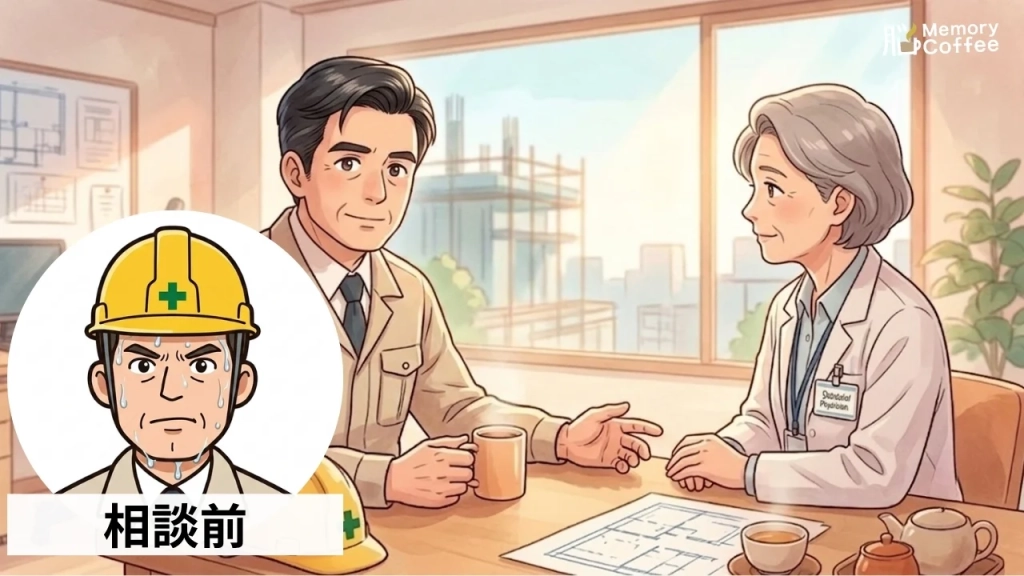 悩みを産業医に相談している施工管理士のイメージ画像。