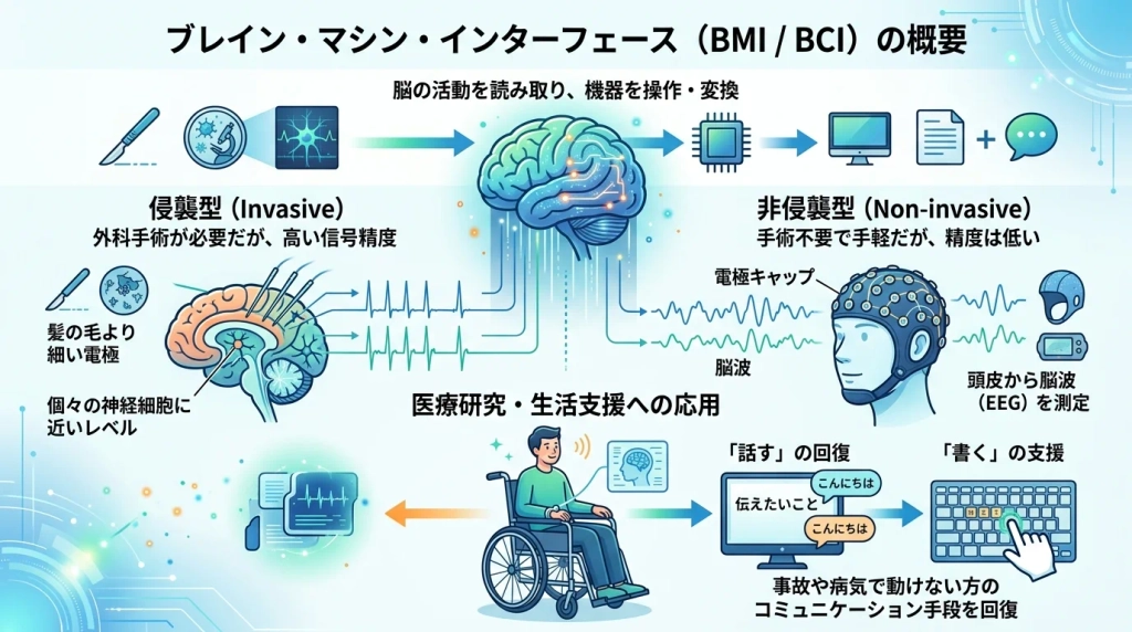 ブレイン・マシン・インターフェース（BMI、あるいはブレイン・コンピューター・インターフェース、BCI）の人体応用を解説した画像。