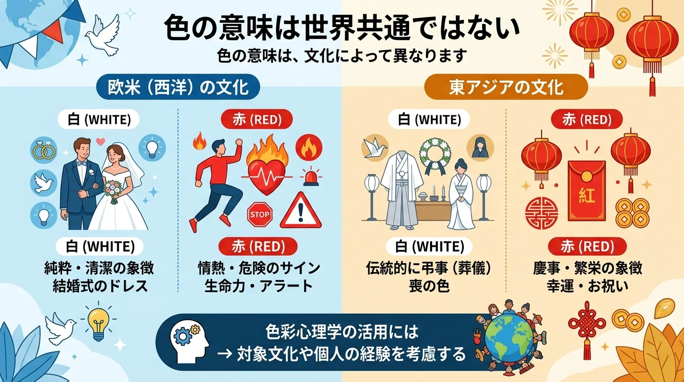 代表的な例が「白」です。欧米の多くの文化圏では純粋さや清潔さの象徴として結婚式のドレスに使われる一方、日本を含む東アジアの一部の文化圏では、伝統的に弔事(葬儀)を連想させる色としての意味合いも根強く残っていることを解説した画像。