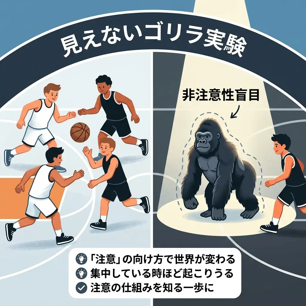 見えないゴリラ実験のまとめを解説した画像
