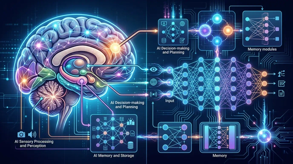 AIの"脳"を人間の脳に当てはめると、どこになるのか？│神経科学から読み解くAIアーキテクチャを要約して可視化したイメージ画像。