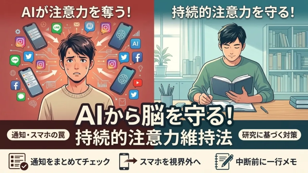 スマホの通知、次々届くAIの返信、開きっぱなしのタブ——集中したいのに、なぜか気が散ってしまう。その仕組みを脳科学・心理学の研究から解き明かし、"持続的注意力"を守るための具体的な工夫を紹介した記事のサムネイル。